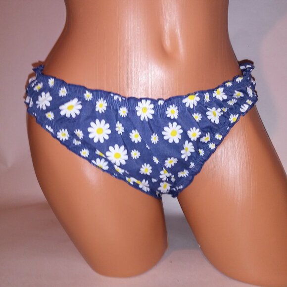 Victoria Secret PINK Swim Bikini Bottom Blue White Ruffle Cheeky Daisy Floral - Picture 2 of 6